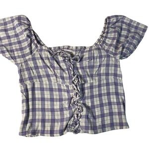 SO Goods for Life Plaid Tie Front Crop Top Purple White Size L NWT